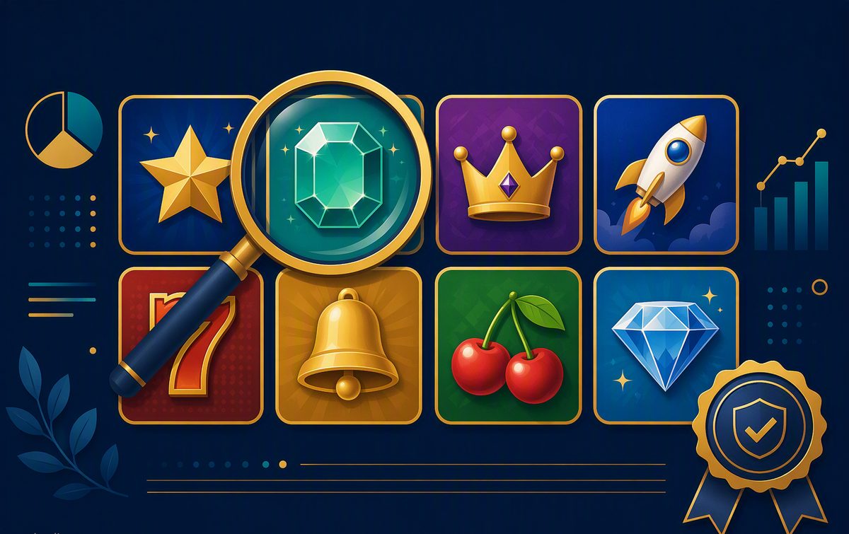 ภาพประกอบสารบัญค่ายเกม กริดไอคอนเกมหลากสีและแว่นขยายตรวจสอบ