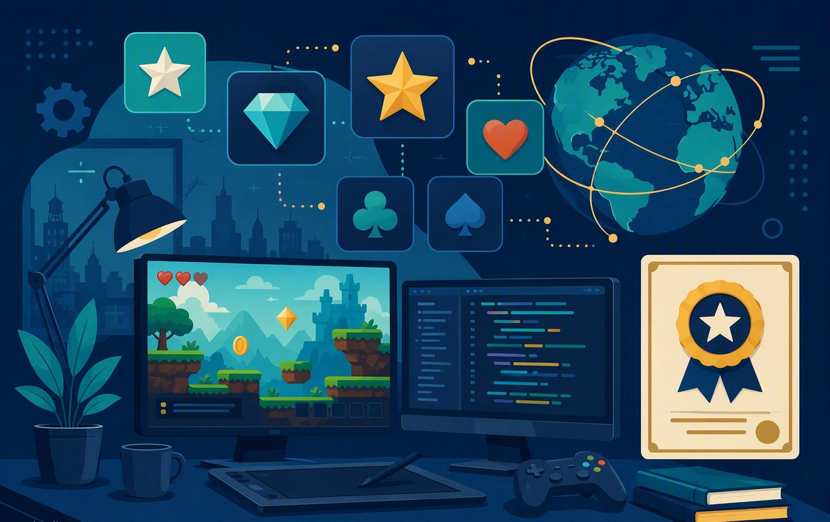 ภาพประกอบสตูดิโอผู้ผลิตเกม จอภาพงานพัฒนาเกมและใบรับรองมาตรฐาน