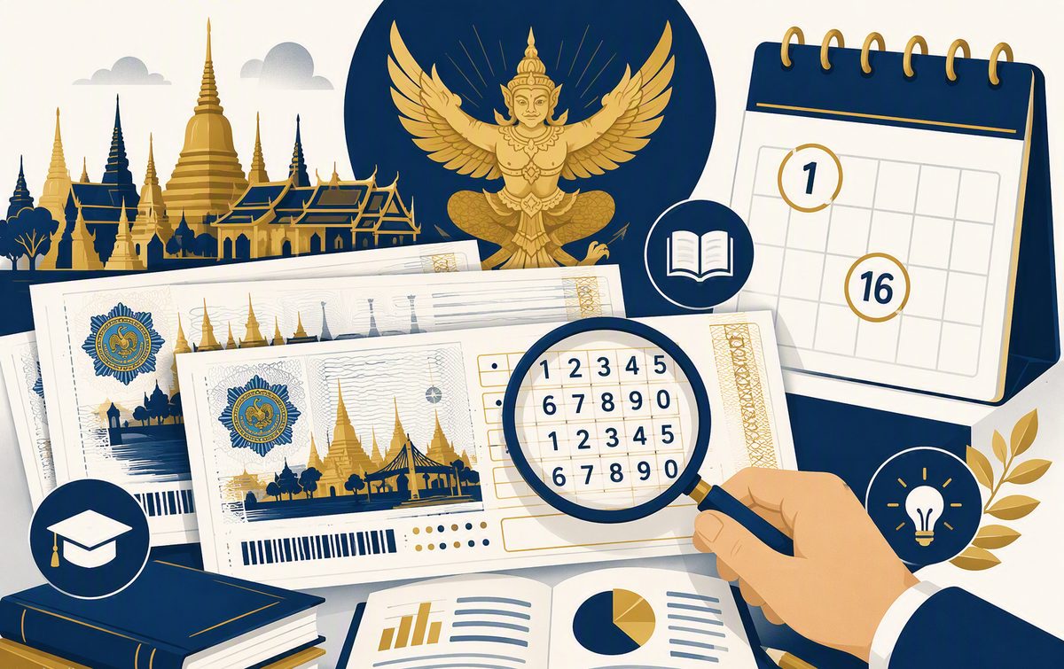 ภาพประกอบสลากกินแบ่งรัฐบาลไทย ปฏิทินวันที่ 1 และ 16 พร้อมแว่นขยายตรวจเลข